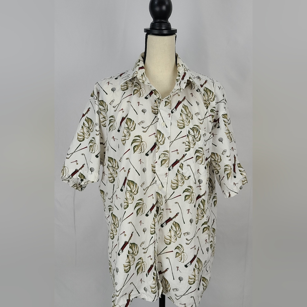 Men's 100% cotton golf print short sleeve button-up shirt, size L
